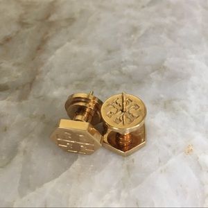 Tory Burch Gold Stud Post Earrings with Logo